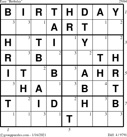 The grouppuzzles.com Easy Birthday puzzle for Saturday January 16, 2021 with all 4 steps marked