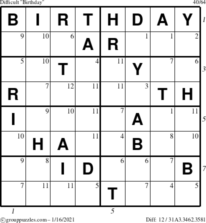 The grouppuzzles.com Difficult Birthday puzzle for Saturday January 16, 2021 with all 12 steps marked