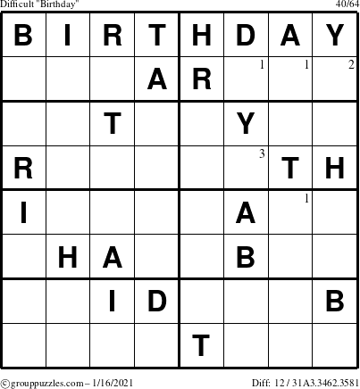 The grouppuzzles.com Difficult Birthday puzzle for Saturday January 16, 2021 with the first 3 steps marked