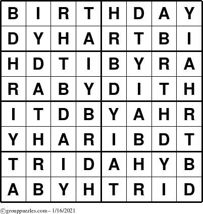 The grouppuzzles.com Answer grid for the Birthday puzzle for Saturday January 16, 2021