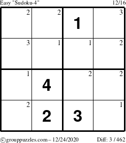 The grouppuzzles.com Easy Sudoku-4 puzzle for Thursday December 24, 2020 with the first 3 steps marked