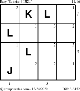 The grouppuzzles.com Easy Sudoku-4-IJKL puzzle for Thursday December 24, 2020, suitable for printing, with all 3 steps marked