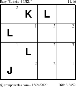 The grouppuzzles.com Easy Sudoku-4-IJKL puzzle for Thursday December 24, 2020 with the first 3 steps marked