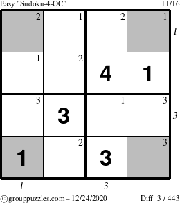 The grouppuzzles.com Easy Sudoku-4-OC puzzle for Thursday December 24, 2020, suitable for printing, with all 3 steps marked