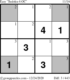 The grouppuzzles.com Easy Sudoku-4-OC puzzle for Thursday December 24, 2020 with the first 3 steps marked