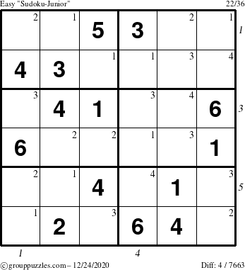 The grouppuzzles.com Easy Sudoku-Junior puzzle for Thursday December 24, 2020, suitable for printing, with all 4 steps marked