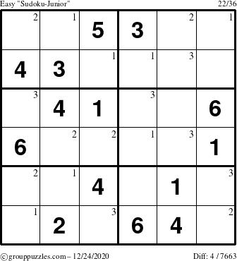 The grouppuzzles.com Easy Sudoku-Junior puzzle for Thursday December 24, 2020 with the first 3 steps marked