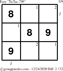 The grouppuzzles.com Easy TicTac-789 puzzle for Thursday December 24, 2020, suitable for printing, with all 2 steps marked