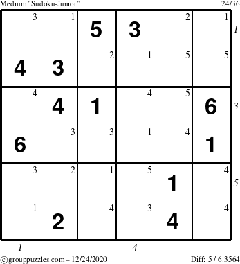 The grouppuzzles.com Medium Sudoku-Junior puzzle for Thursday December 24, 2020 with all 5 steps marked