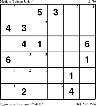 The grouppuzzles.com Medium Sudoku-Junior puzzle for Thursday December 24, 2020 with the first 3 steps marked