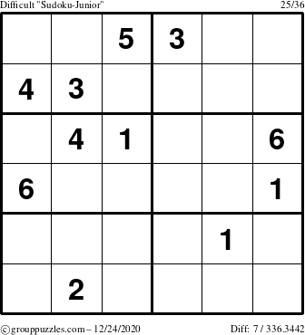 The grouppuzzles.com Difficult Sudoku-Junior puzzle for Thursday December 24, 2020