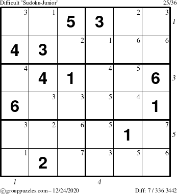 The grouppuzzles.com Difficult Sudoku-Junior puzzle for Thursday December 24, 2020 with all 7 steps marked