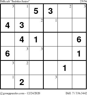 The grouppuzzles.com Difficult Sudoku-Junior puzzle for Thursday December 24, 2020 with the first 3 steps marked