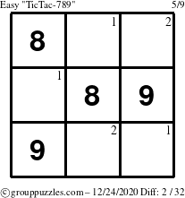 The grouppuzzles.com Easy TicTac-789 puzzle for Thursday December 24, 2020 with the first 2 steps marked