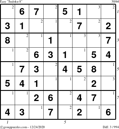 The grouppuzzles.com Easy Sudoku-8 puzzle for Thursday December 24, 2020 with all 3 steps marked