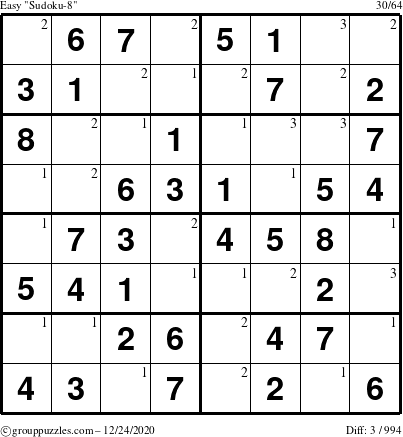 The grouppuzzles.com Easy Sudoku-8 puzzle for Thursday December 24, 2020 with the first 3 steps marked