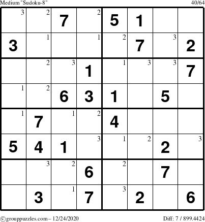 The grouppuzzles.com Medium Sudoku-8 puzzle for Thursday December 24, 2020 with the first 3 steps marked