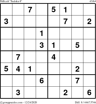 The grouppuzzles.com Difficult Sudoku-8 puzzle for Thursday December 24, 2020