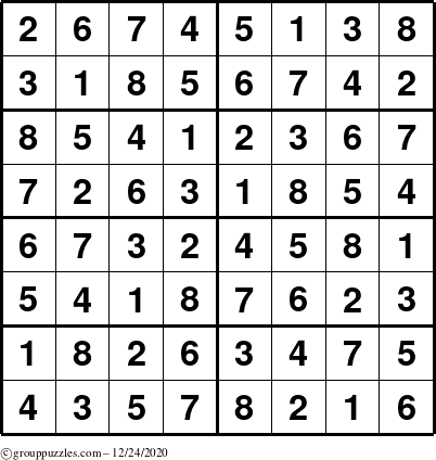 The grouppuzzles.com Answer grid for the Sudoku-8 puzzle for Thursday December 24, 2020