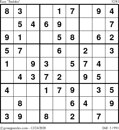 The grouppuzzles.com Easy Sudoku puzzle for Thursday December 24, 2020