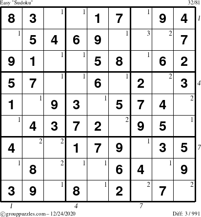 The grouppuzzles.com Easy Sudoku puzzle for Thursday December 24, 2020 with all 3 steps marked