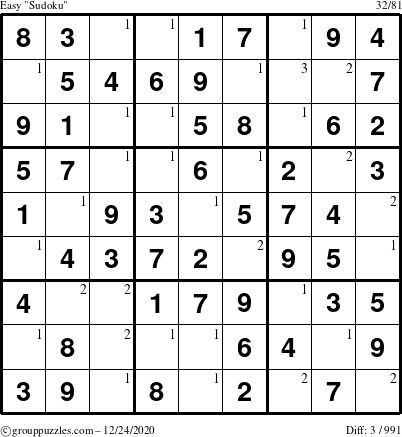 The grouppuzzles.com Easy Sudoku puzzle for Thursday December 24, 2020 with the first 3 steps marked