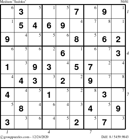 The grouppuzzles.com Medium Sudoku puzzle for Thursday December 24, 2020, suitable for printing, with all 8 steps marked