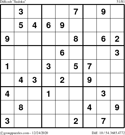 The grouppuzzles.com Difficult Sudoku puzzle for Thursday December 24, 2020