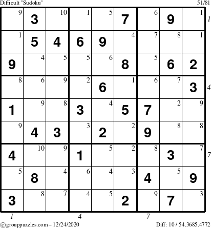 The grouppuzzles.com Difficult Sudoku puzzle for Thursday December 24, 2020, suitable for printing, with all 10 steps marked