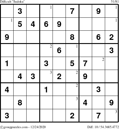 The grouppuzzles.com Difficult Sudoku puzzle for Thursday December 24, 2020 with the first 3 steps marked