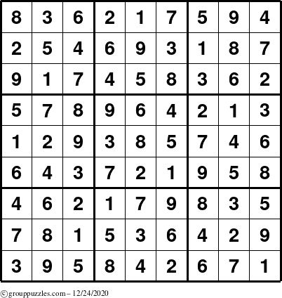 The grouppuzzles.com Answer grid for the Sudoku puzzle for Thursday December 24, 2020