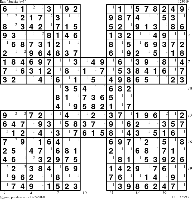 The grouppuzzles.com Easy Sudoku-by5 puzzle for Thursday December 24, 2020 with all 3 steps marked