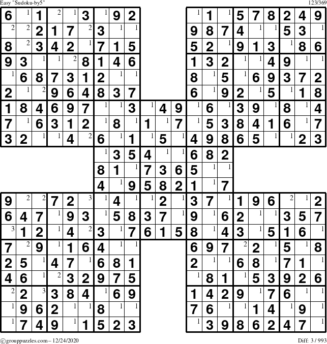 The grouppuzzles.com Easy Sudoku-by5 puzzle for Thursday December 24, 2020 with the first 3 steps marked