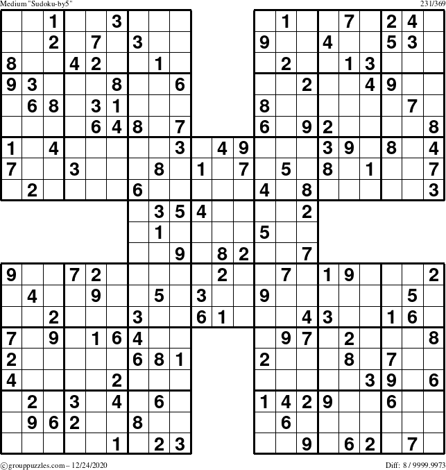 The grouppuzzles.com Medium Sudoku-by5 puzzle for Thursday December 24, 2020