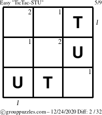 The grouppuzzles.com Easy TicTac-STU puzzle for Thursday December 24, 2020 with all 2 steps marked