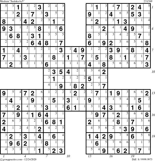 The grouppuzzles.com Medium Sudoku-by5 puzzle for Thursday December 24, 2020 with all 8 steps marked