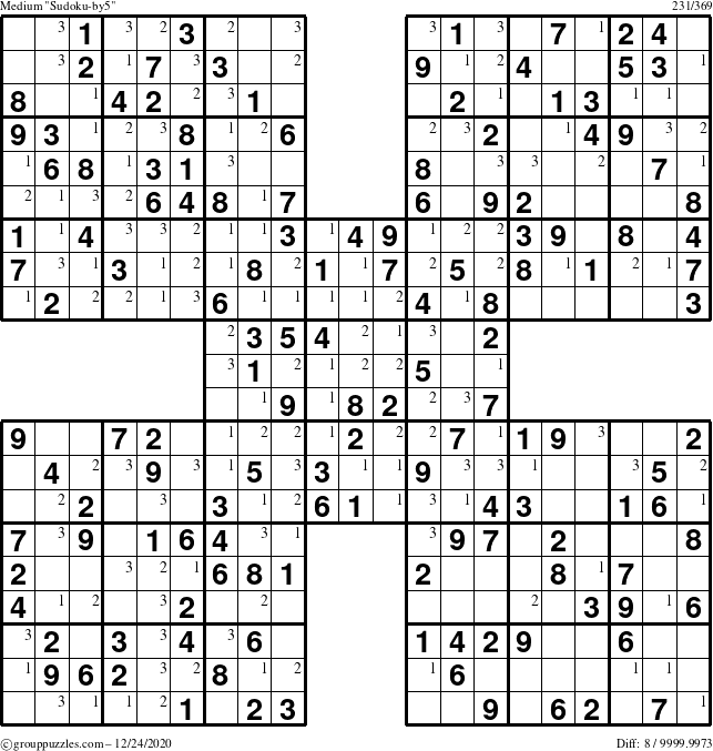 The grouppuzzles.com Medium Sudoku-by5 puzzle for Thursday December 24, 2020 with the first 3 steps marked