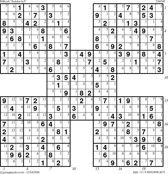 The grouppuzzles.com Difficult Sudoku-by5 puzzle for Thursday December 24, 2020 with all 13 steps marked