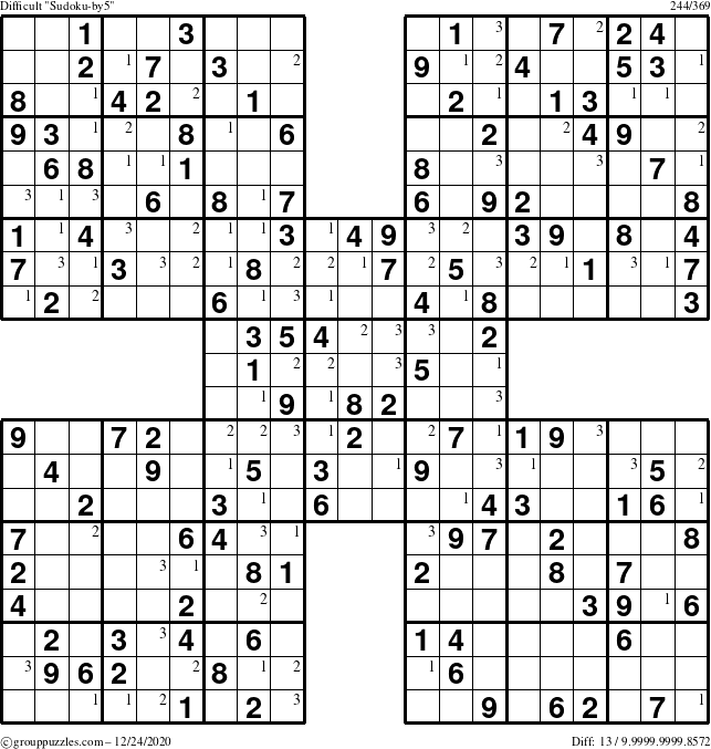 The grouppuzzles.com Difficult Sudoku-by5 puzzle for Thursday December 24, 2020 with the first 3 steps marked