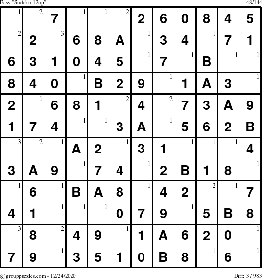 The grouppuzzles.com Easy Sudoku-12up puzzle for Thursday December 24, 2020 with the first 3 steps marked