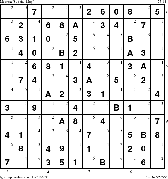 The grouppuzzles.com Medium Sudoku-12up puzzle for Thursday December 24, 2020, suitable for printing, with all 6 steps marked