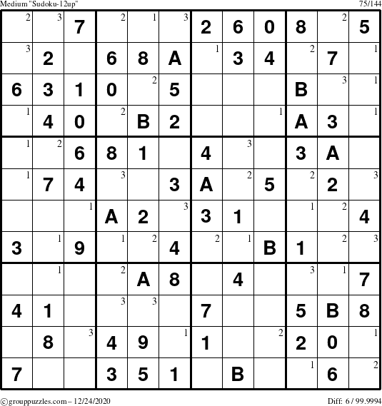 The grouppuzzles.com Medium Sudoku-12up puzzle for Thursday December 24, 2020 with the first 3 steps marked