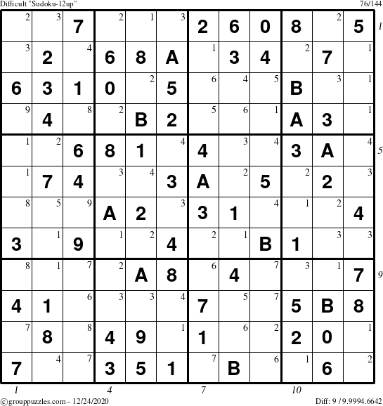 The grouppuzzles.com Difficult Sudoku-12up puzzle for Thursday December 24, 2020 with all 9 steps marked