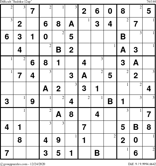 The grouppuzzles.com Difficult Sudoku-12up puzzle for Thursday December 24, 2020 with the first 3 steps marked