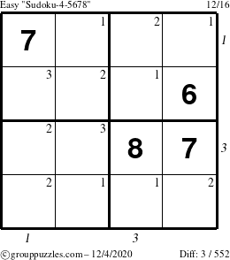 The grouppuzzles.com Easy Sudoku-4-5678 puzzle for Friday December 4, 2020, suitable for printing, with all 3 steps marked