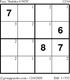 The grouppuzzles.com Easy Sudoku-4-5678 puzzle for Friday December 4, 2020 with the first 3 steps marked