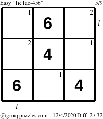 The grouppuzzles.com Easy TicTac-456 puzzle for Friday December 4, 2020 with all 2 steps marked