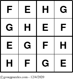 The grouppuzzles.com Answer grid for the Sudoku-4-EFGH puzzle for Friday December 4, 2020