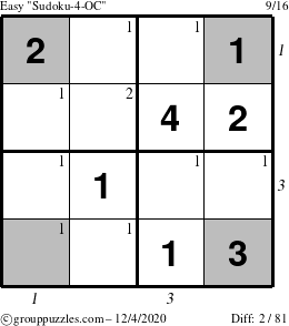 The grouppuzzles.com Easy Sudoku-4-OC puzzle for Friday December 4, 2020, suitable for printing, with all 2 steps marked