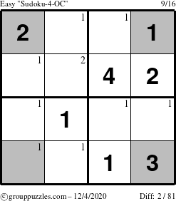 The grouppuzzles.com Easy Sudoku-4-OC puzzle for Friday December 4, 2020 with the first 2 steps marked